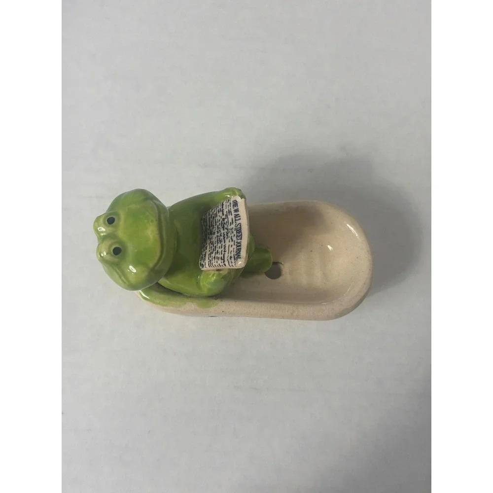 Vintage Ceramic Frog in Bathtub Soap Dish Reading Wall Street Journal Newspaper
